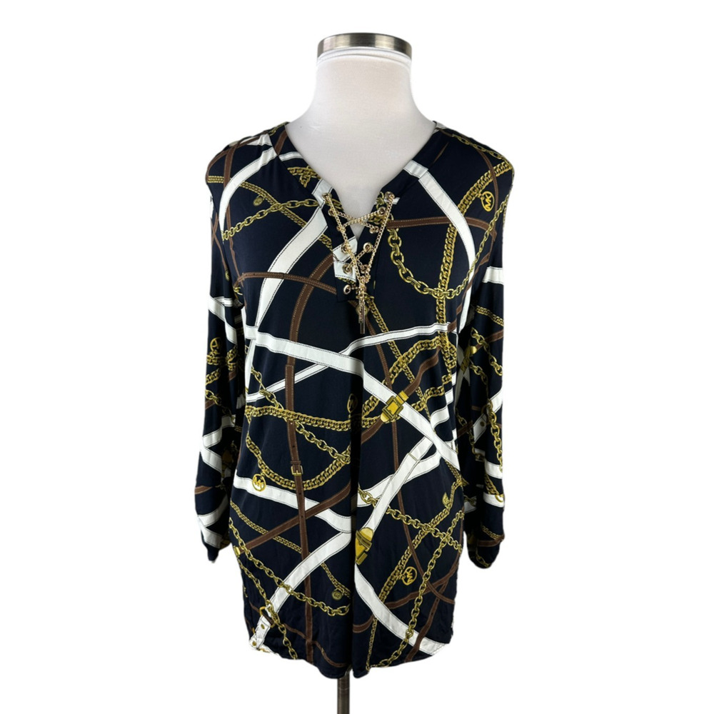 Michael Kors Chain Belt Print Mini Dress or Tunic Top Large Black Gold *No Belt - Picture 4 of 16